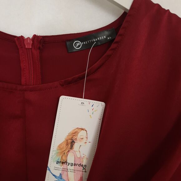 NWT Burgundy Dark Red Satin Midi Dress Sz XL Wrap Front Short Sleeves Tie Waist - Picture 5 of 10